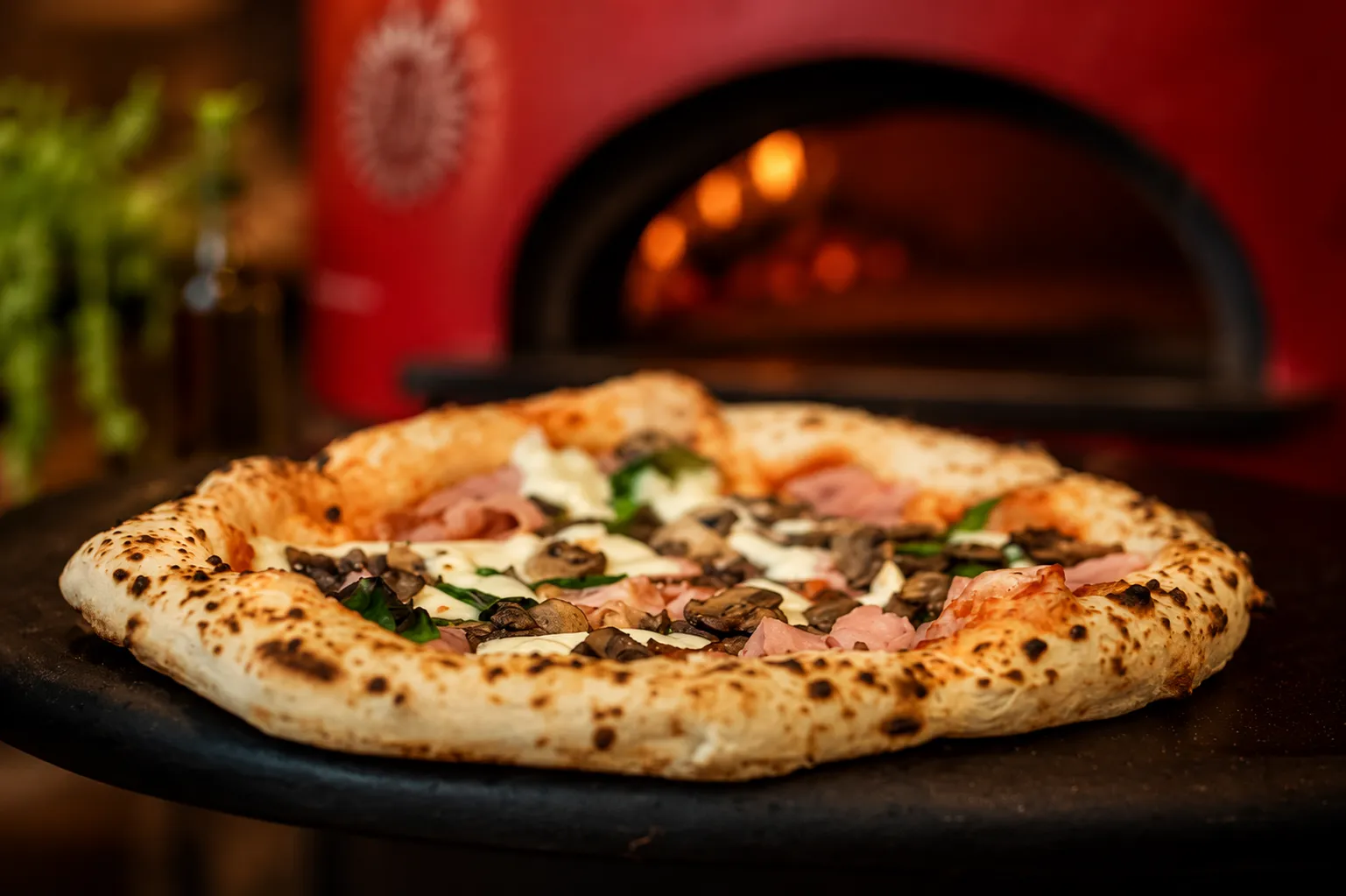 Leopard-spotted Neapolitan pizza coming out of the wood oven